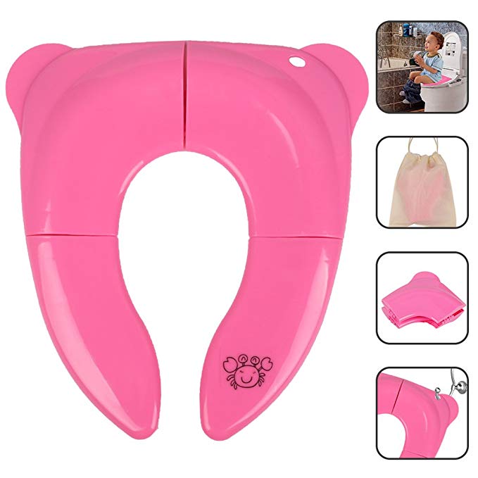 Potty Training Seats Portable Travel - Safety Baby Potty Seat Foldable Reusable - Non Slip Silicone Pads Comfortable Easy Clean Fits Round and Oval Toilets for Babies, Toddlers and Kids Pink