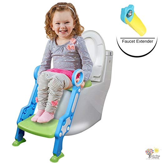 Early Things Company Potty Training seat with Ladder, Step-Stool Ladder for Kids and Baby, Non-Slip Kids Toilet Training Seat, Toddlers Potty Ring for Round and Oval Toilets, Includes Faucet Extender