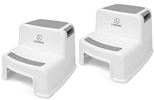 (2 Pack) Dual Height Step Stool for Toddlers & Kids, Nursery Step Stool Potty Training Stool for Bathroom, Kitchen, Two-Step Design with Soft No-Slip Grips and Safe, White & Grey, by Luxenno