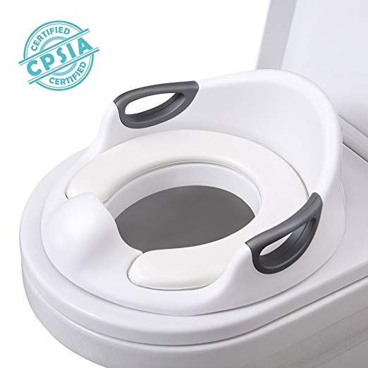 AiKiddo Potty Training Seat for Toddlers Toilet Seat Kids Potty Trainer Seats with Soft Cushion Handles for Round Oval Toilets Double Anti-Slip Design and Splash Guard for Boys and Girls (White)
