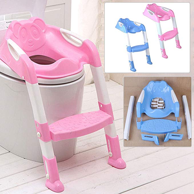 TBvechi Children’s Toilet Seat Chair, Potty Trainer Toilet Seat Chair Kids Toddler With Ladder Step Up Training Stool (Pink)