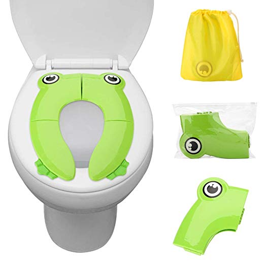 Foldable Potty Training Seat, Baby Kids Travel Toilet Seat Covers Liners with Carry Bag, Upgrade Non Slip Silicone Design for Babies, Toddlers and Kids On The Go (Frog-Green)