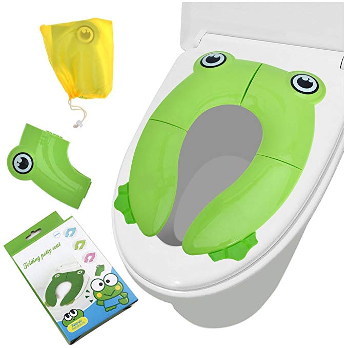 DaMaia Foldable Travel Potty Seat for Babies, Toddlers Potty Seat, Toilet Training with Carrying Bag Non Slip Silicone Pads Reusable (Green-Frog)