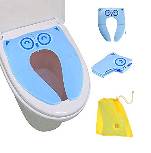 Toilet Potty Training Seat Cover, Unop Traveling Portable Reusable Upgrade Folding Non-Slip Silicone Pads Potty Training Seat Covers with Carry Bags for Babies/Toddlers/Children (Blue)