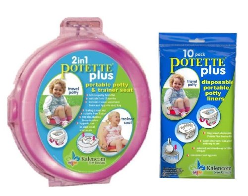 Potette Plus Travel Potty includes EXTRA 10-Pack of Liners, Green (Pink)