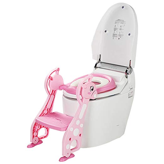 Kidsidol Baby Potty Toilet Seat with Step Trainer Ladder Sturdy Safety Folding Adjustable Comfortable Anti-slip Great Mommy’s Helper for Baby Kids Toddlers 1-7 Years Old(With Soft Cushion)