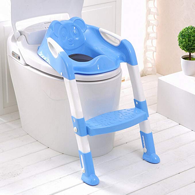 Genmine Potty Toilet Seat With Ladder for Kids Baby, Children’s Toilet Seat Chair Step Trainer Ladder Toddlers Toilet Training Step Stool Cover With Handles Toilet Folding Chair for Boys Girls (Blue)