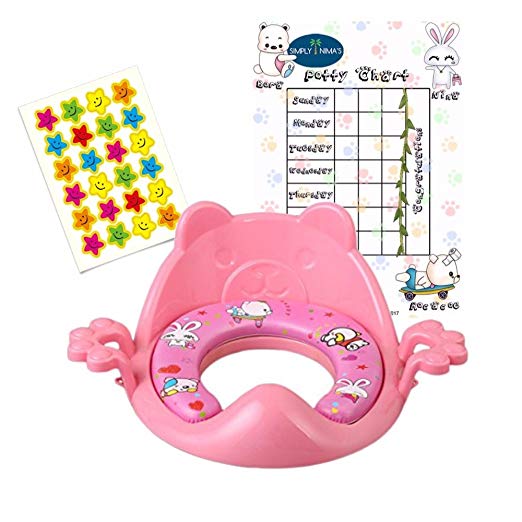 Nima's Pink soft potty training seat with handles | easy clean | for elongated toilet | free e-Book & Potty Chart