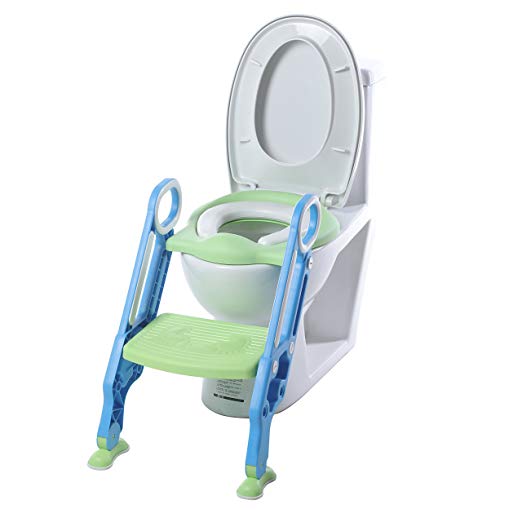 Toddler Toilet Seat with Ladder Adjustable Potty Training Toilet Non-Slip Step Stool (Green)