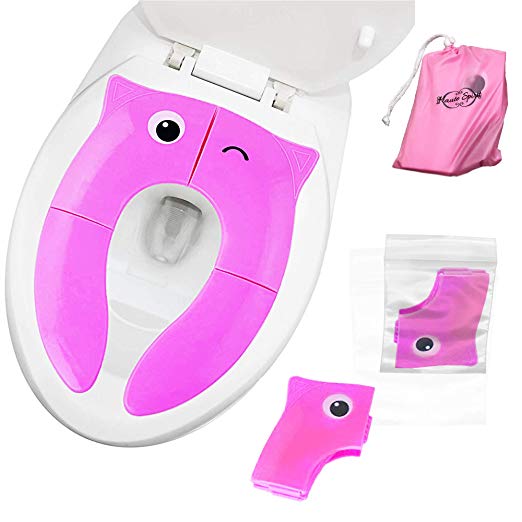 Haute Spirit Toilet Seat for Kids- Folding Portable Reusable Travel Kid's Toilet Training Seat- Perfect for Potty Training at Home or On The Go!- Features Storage Bag for Ease and Convenience