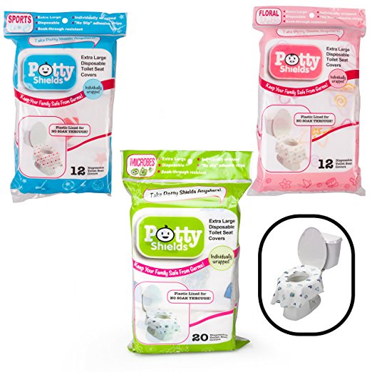 Toilet Seat Covers- Disposable XL Potty Seat Covers, Individually Wrapped by Potty Shields - Extra-Large, No Slip (Floral - 40 Pack)